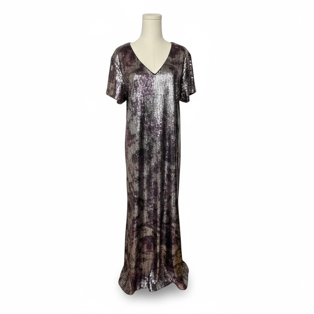 NAEEM KHAN Timeless Sequin Ombre Cap Sleeve Hand Beaded Silk Gown Maxi Dress, L